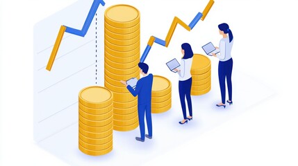 An illustration featuring professionals analyzing financial growth with stacks of coins and upward charts.