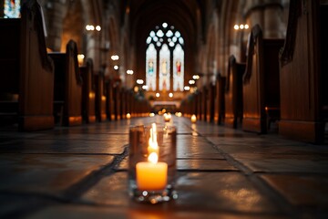 Canvas Print - Candles line the aisle of a church, leading to a stained glass window.