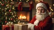 © sudtawee - Grandpa Santa Claus is dressed in a red Santa suit inside a beautifully decorated house for Christmas and New Year's celebrations, with lovely bokeh lights adding to the festive