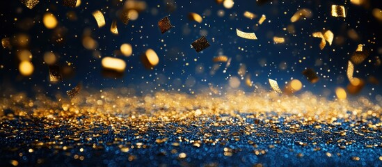 Wall Mural - Gold confetti falling on a dark blue background with a layer of sparkling glitter at the bottom.