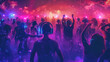 © Santy Hong - A vibrant silent disco festival with participants wearing headphones, dancing to their own beat under a starlit sky, surrounded by glowing neon lights.