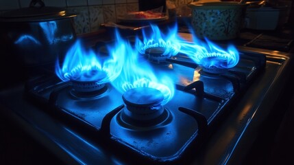 Intense blue flames swirl on a gas stove, casting a mesmerizing glow, symbolizing energy, heat, and culinary passion.