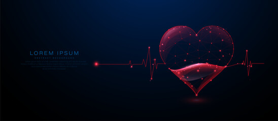 Poster - Abstract heart and ECG line on dark background with glowing red dots