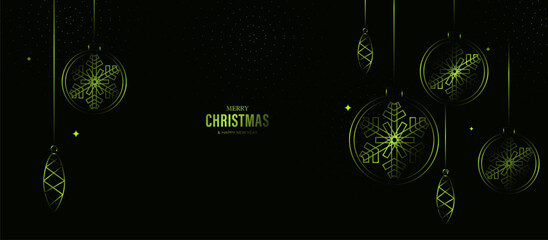 Poster - Green minimalist Merry Christmas greeting card with hanging ornaments