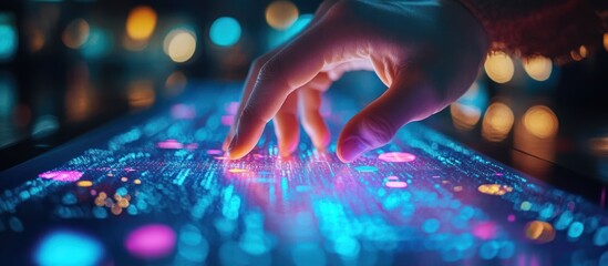 Wall Mural - a hand reaches out to touch a digital screen with glowing data and information.