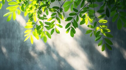 Soft shadows of tree leaves on a grey concrete wall outdoors, creating a minimal abstract backdrop for product presentation with natural light.