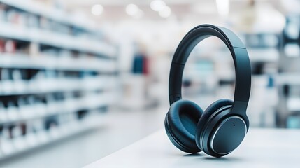 Sleek black headphones on white background, attractively positioned with slight tilt, symbolizing a sale, emphasizing modern design and audio technology