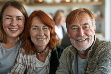 Portrait of smiling senior couple with their family in background at home