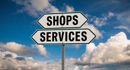 Shops and Services text on road sign with clouds and sky background