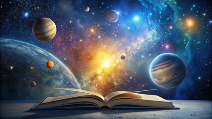 Wall Mural - Open book displaying a beautiful starry night sky with planets and galaxies, astronomy, space, universe, stars, book