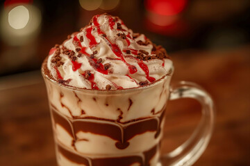 Close-up of a peppermint mocha in a glass mug, featuring swirling layers of chocolate and peppermint syrup, topped with whipped cream and cocoa powder against a cozy winter backdrop.