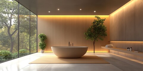 Modern bathroom with a freestanding bathtub, wooden walls, and a large window overlooking a lush green garden.