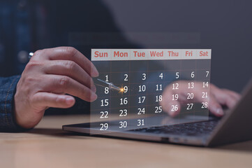 Person interacts with virtual calendar, modern digital scheduling image illustrates blend of technology and productivity in todays fast-paced world