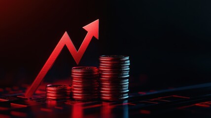 Red Upward arrow on money coin stack as growth graph steps in home shape symbol,Savings, income, home investment, real estate price value, property profit concepts,the rising price of real estate.