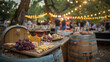 © Santy Hong - Wine barrels and cheese platters set up at a festival, where wine lovers sip from elegant glasses in a rustic setting with live acoustic music.