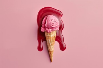 Melted ice cream and wafer cone on light pink background