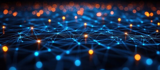 Wall Mural - abstract digital network with glowing blue and orange nodes connected by lines.