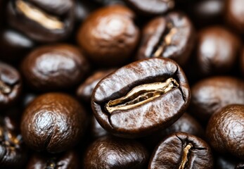 Macro close-up of roasted brown arabica coffee beans