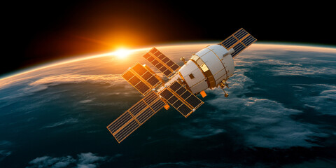 Wall Mural - A spacecraft orbits Earth, with the sun setting in the distance.