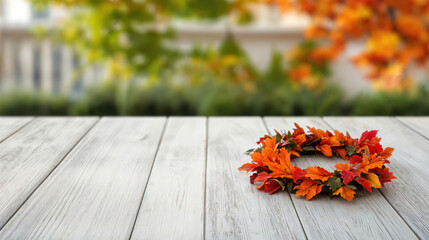 Poster - Beautiful autumn wreath is lying on a white wooden table in a garden, perfect for showcasing your products or designs