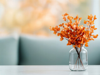 Poster - Bouquet of orange autumn leaves standing in a glass vase on a white empty table, creating a cozy atmosphere in a modern interior