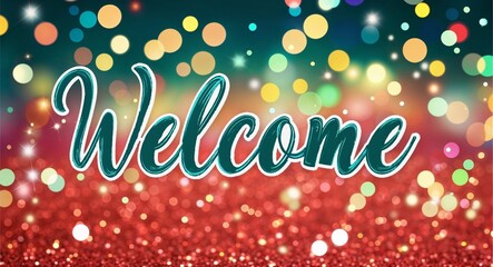 welcome calligraphic lettering on colorful bokeh glitter festive sparkles background