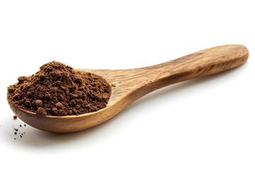 Cocoa powder in a wooden spoon isolated on white background.