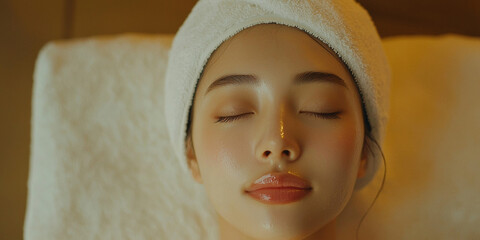 A beautiful Asian woman with closed eyes and a white towel on her head is lying down in the beauty salon, generative AI