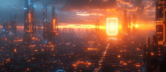 Wall Mural - a glowing portal stands open over a futuristic city skyline at sunset.