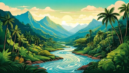 captivating flat art design of a tropical mountain view, featuring a winding river 