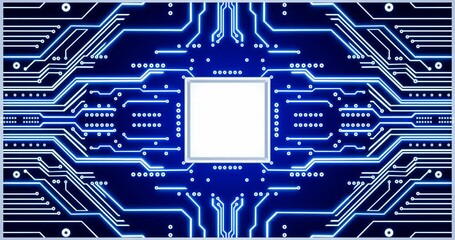 Electronic circuit pattern. Printed circuit board or PCB pattern. Trace lines in blue on a dark technology background. The Integrated Background texture, chip circuit board technology. 3d rendering