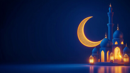 Illuminated mosque with crescent moon against dark blue background.