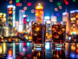 Night Photography of Fernet and Coca Drinks with City Lights in Background for Social Media Appeal