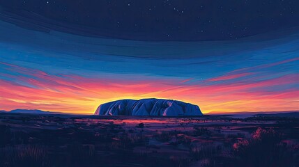 A vibrant sunset over Uluru, with the sacred rock glowing in shades of red and orange against a deep blue sky