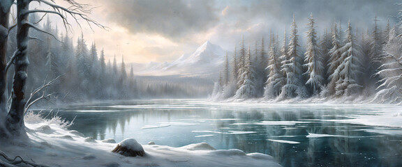 Serene Winter Wilderness: Frozen Lake and Snowy Mountains