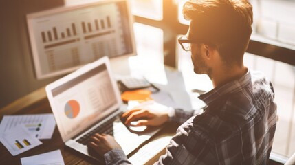 Focused businessman at desk with financial documents and laptop displaying earnings reports, conveying determination and attention to financial data analysis.