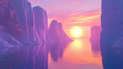 Minimalist 3D landscape with towering cliffs and glassy water, reflecting a vibrant sunset in a futuristic, spiritual environment.