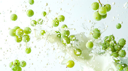 A green bunch of grapes is dancing in a white natural yogurt. The grapes float in a white milky liquid. Milkshake with grapes. Delicious smoothie. A natural product