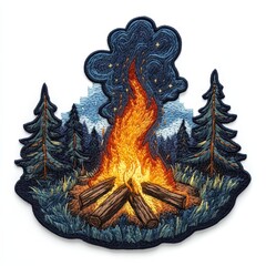 campfire surrounded by tall trees embroidered patch badge on isolated white background, vector badge