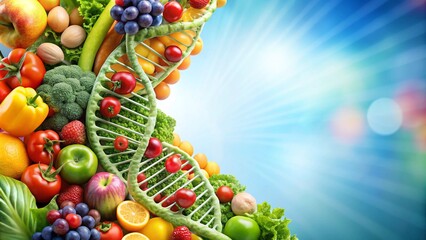 Healthy food diet background with Vivid DNA double helix interwoven code structure and colourful fruit and vegetable. GMO balanced eating, proper nutrition concept 3d digital art with copy space