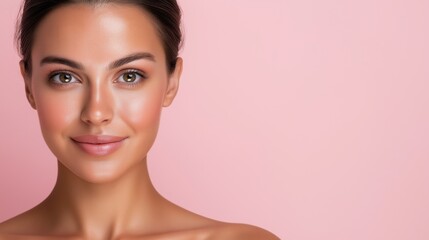 Beauty portrait of a young woman on pink background for skincare and fashion