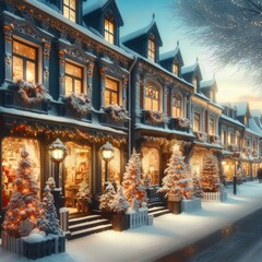 charming winter street scene featuring quaint storefronts adorned with twinkling christmas trees and festive decorations creating a cozy holiday atmosphere.