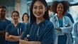 © PUTRI - Portrait of a group of happy doctors, nurses, and other medical staff in a hospital.