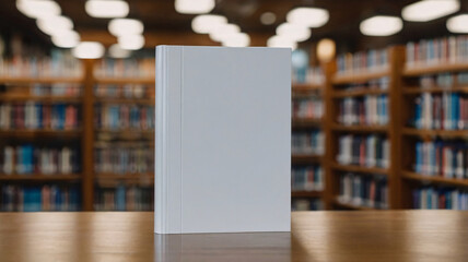 copy space of a book with blank cover on the table under blurred library background for mock up, 3d 