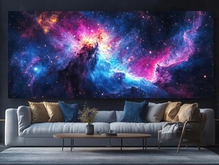 Wall Mural - galactic panorama showcasing vivid nebulae in vibrant blues and purples, sparkling stars scattered across the darkness of space, enhancing a feeling of wonder and infinity
