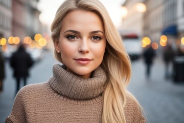 Beautiful blonde woman wearing a knitted sweater on the street