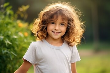 Portrait of a cute little girl with curly hair in the park