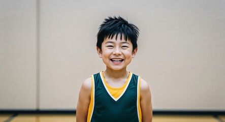 Japanese child boy in a sports uniform joyful smile portrait photo gymnasium background