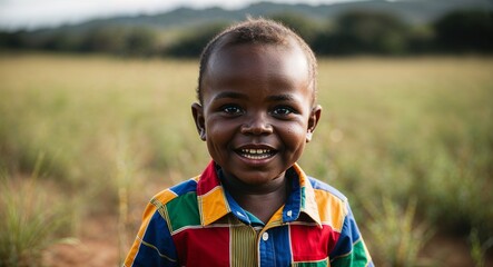 Kenyan toddler boy in a colorful shirt smiling portrait photo open field background