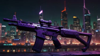 Acid Green and Purple Assault Rifle in a Neon Cyberpunk City – Futuristic Weaponry